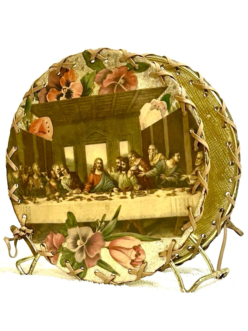 Vtg Handcrafted Napkin Holder Folk Art Decoupage Meal Prayers The Last Supper